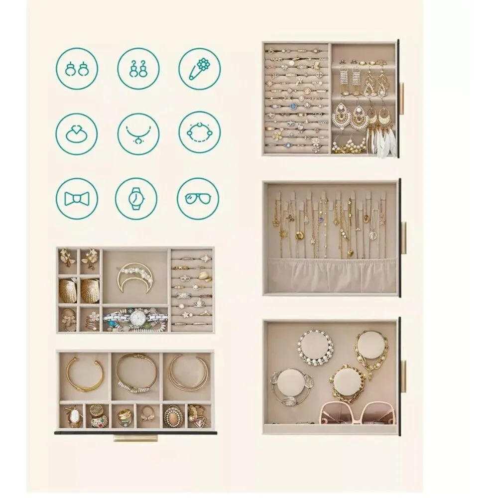 5-Layer Jewelry Box with Large Mirror, Modern Jewelry Organizer with 3 Side Draw - Picture 3 of 9